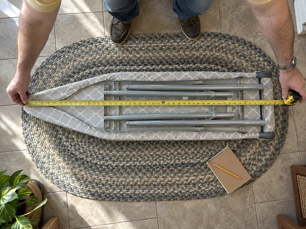 Hands measuring the length of a folded full-size ironing board with a tape measure on a laundry room floor