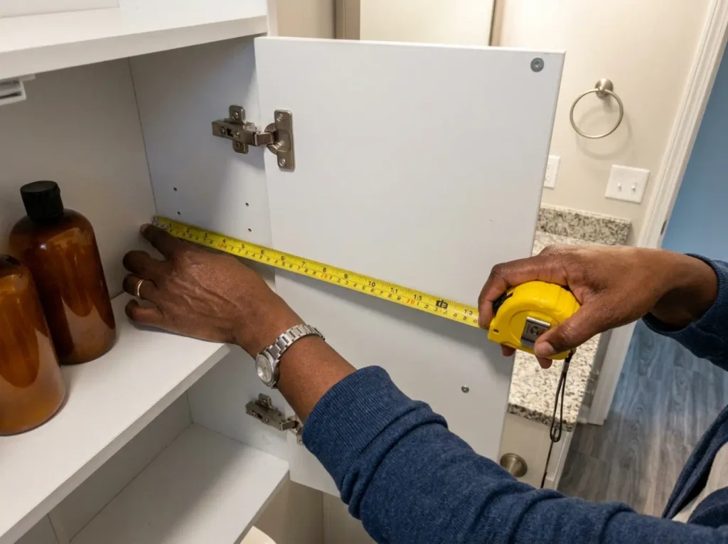 Hands measuring the usable depth of a medicine cabinet shelf with a retractable tape measure