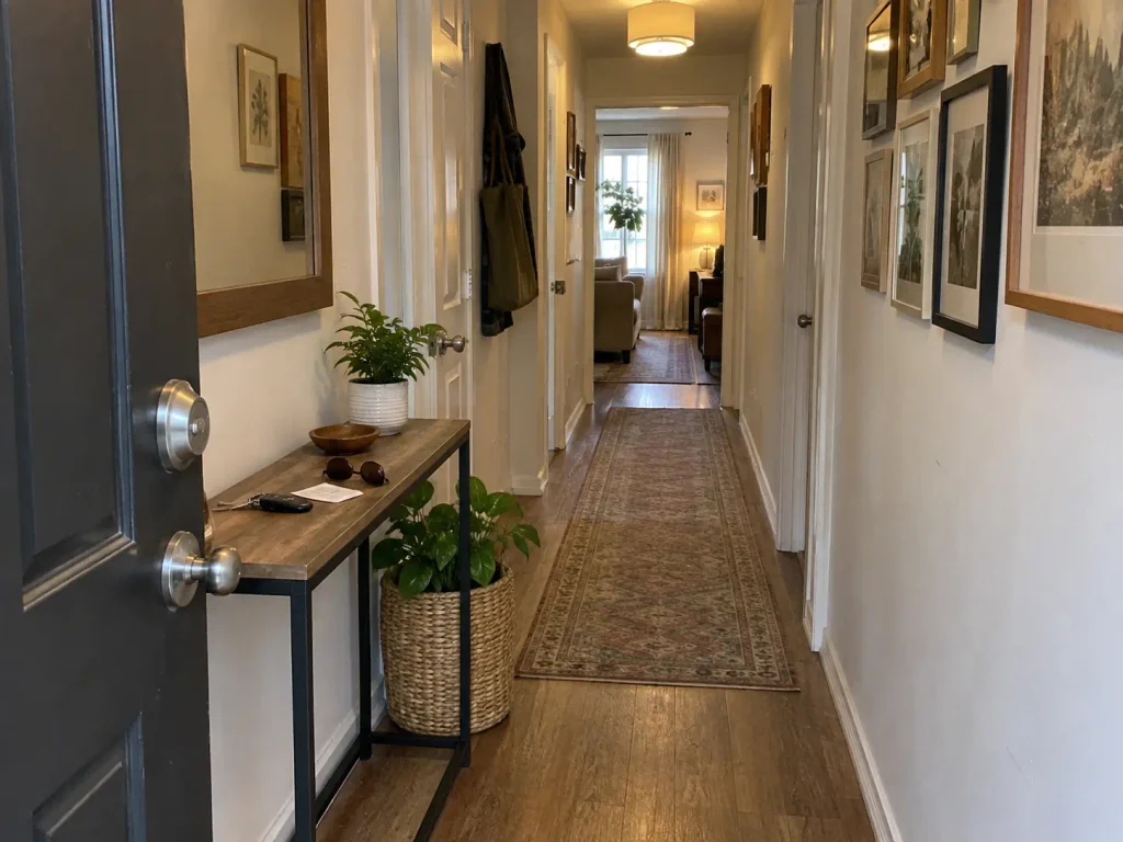 Narrow entryway console table just inside an apartment door, the first flat surface on the way in