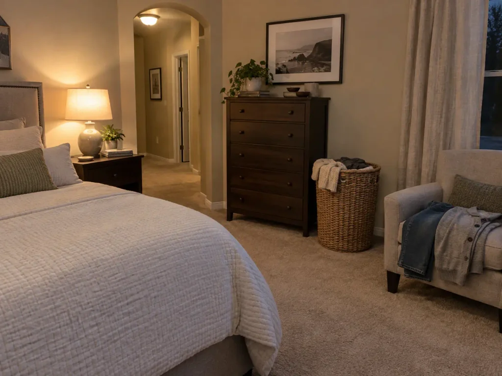Single laundry basket full to the rim beside a chair holding worn-once jeans in a tidy bedroom