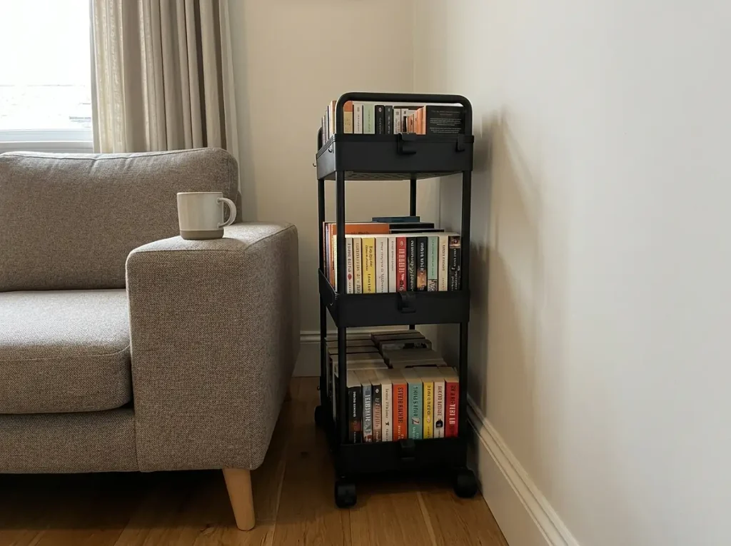 Out of Shelf Space? Organize Books in a Small Apartment 2 Slim rolling cart holding books wedged into a narrow gap beside a sofa
