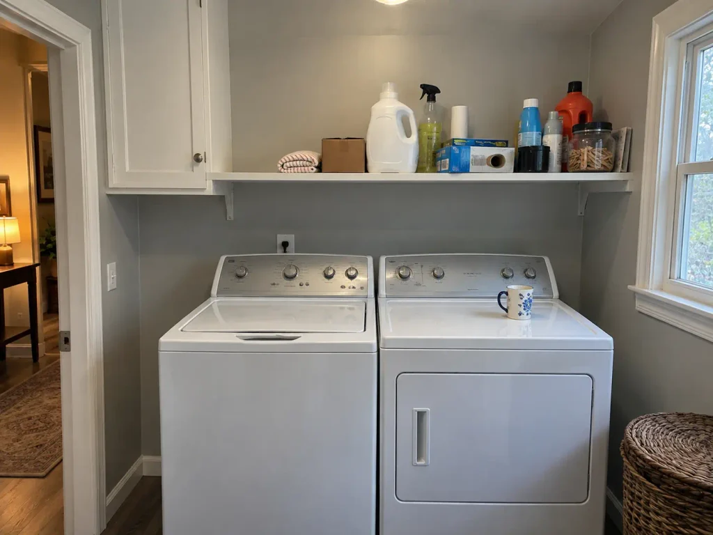 The catch-all shelf above a washer and dryer holding unrelated laundry room clutter with no system