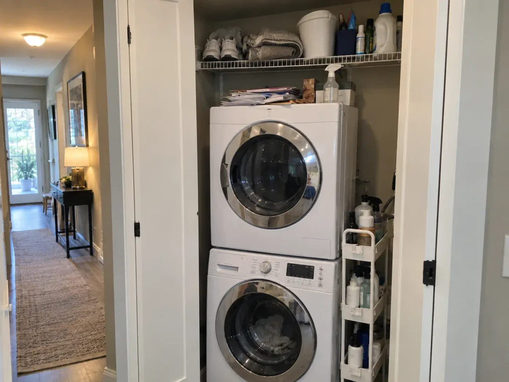 Small Laundry Room Storage for a 29-Inch Closet 1 Small laundry closet where shoes, a folded blanket and a bucket have collected on the shelf above the machines