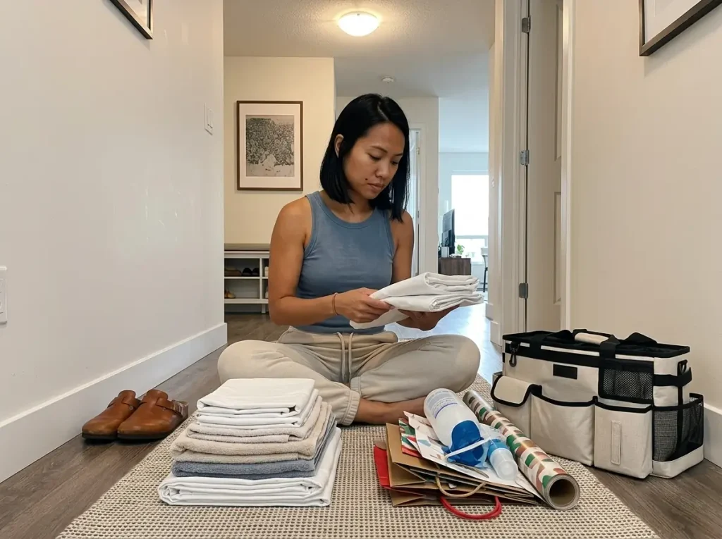 Woman sorting linen closet contents on the hallway floor into keep and relocate piles beside a cleaning caddy