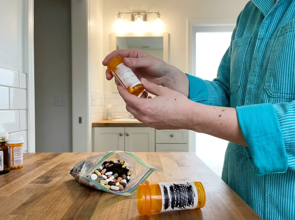 Hands holding a pill bottle with a faded unreadable label over a bag of medicine set aside for disposal