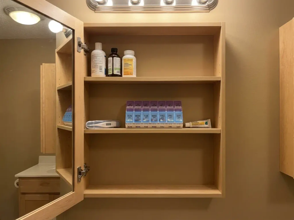 Medicine Cabinet Organization for 3-Inch Shelves 2 Weekly AM/PM pill organizer lying flat on a shallow medicine cabinet shelf beside a thermometer