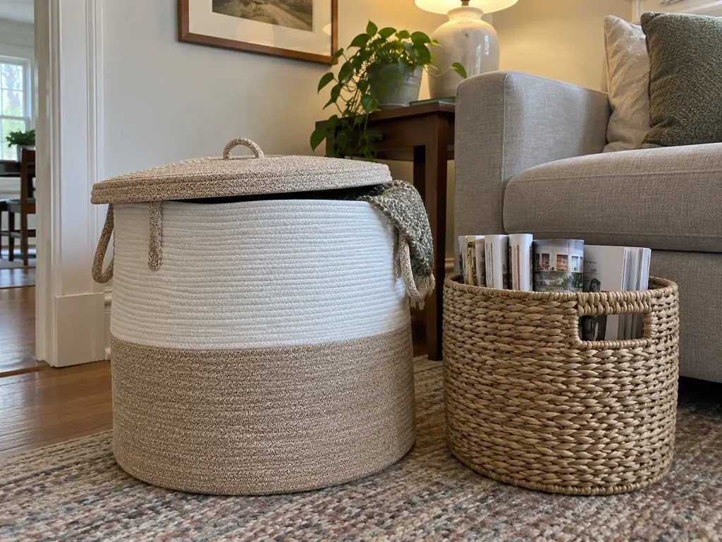 Large lidded woven basket beside an open seagrass basket on a bungalow living room floor by the sofa