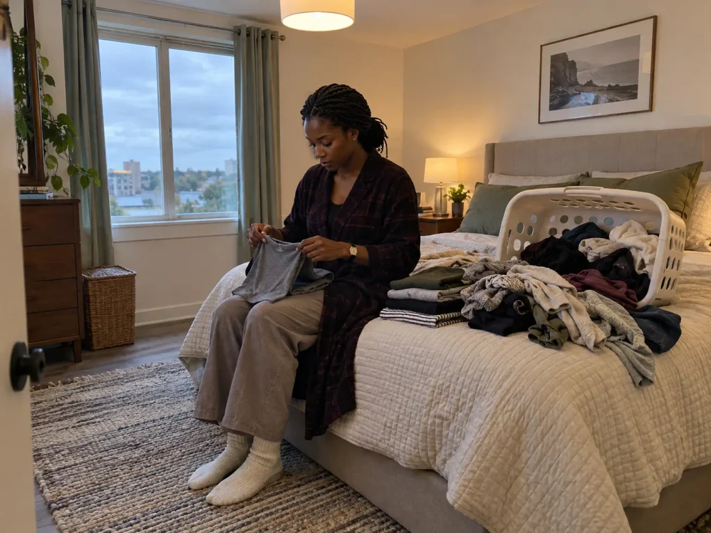 Woman folding laundry on a bed with a full basket beside her in an apartment bedroom