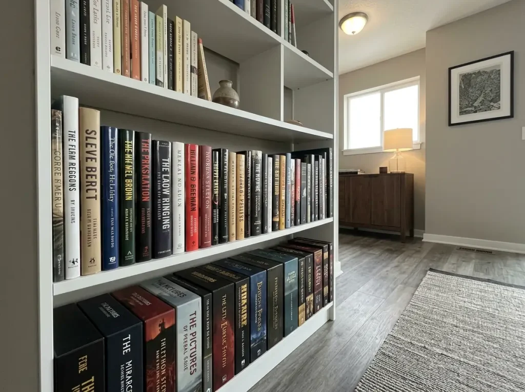 How to Organize a Bookshelf That Stays That Way 4 Loaded bookshelf shelf seen along its length showing a slight bow under heavy hardcovers
