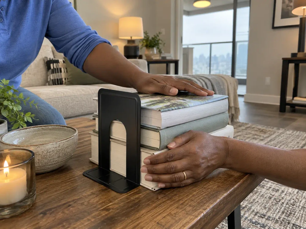 Coffee Table Organization That Survives Real Life 4 Hands squaring up a capped book stack held by a metal bookend on a coffee table