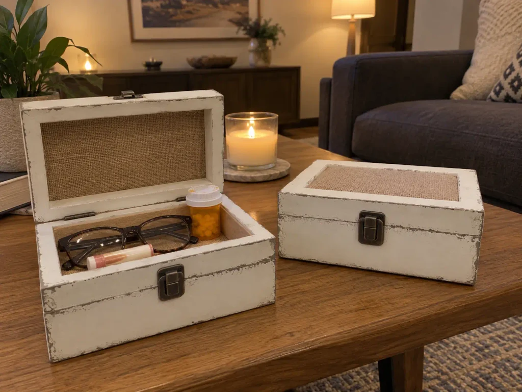 Two white lidded wooden boxes on a coffee table, one open showing chapstick and small daily items