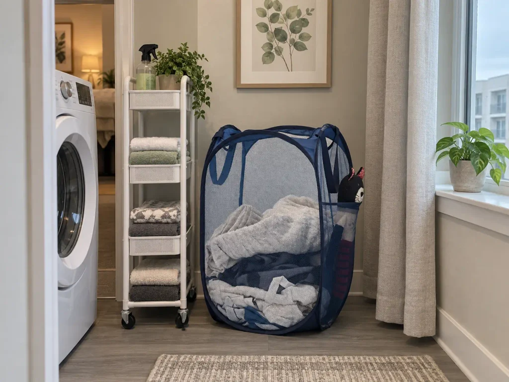 Collapsible mesh laundry basket standing beside a slim rolling cart in a small apartment laundry nook