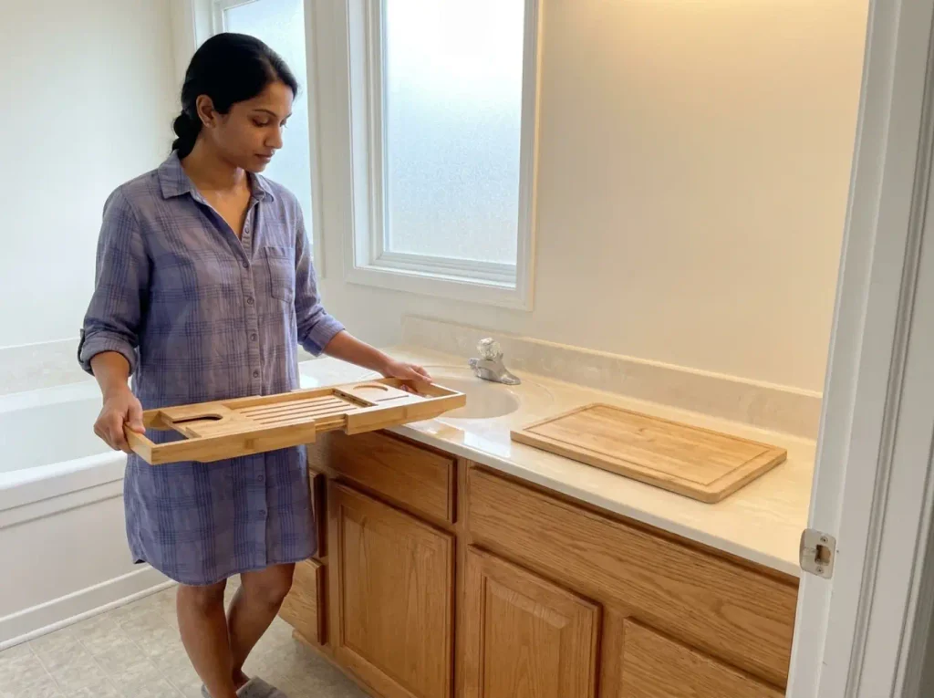 Expandable bamboo bathtub caddy held in two hands beside a wooden cutting board on the vanity