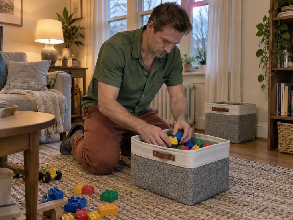 Man kneeling on a rug filling a fabric storage basket with toys in a bungalow living room