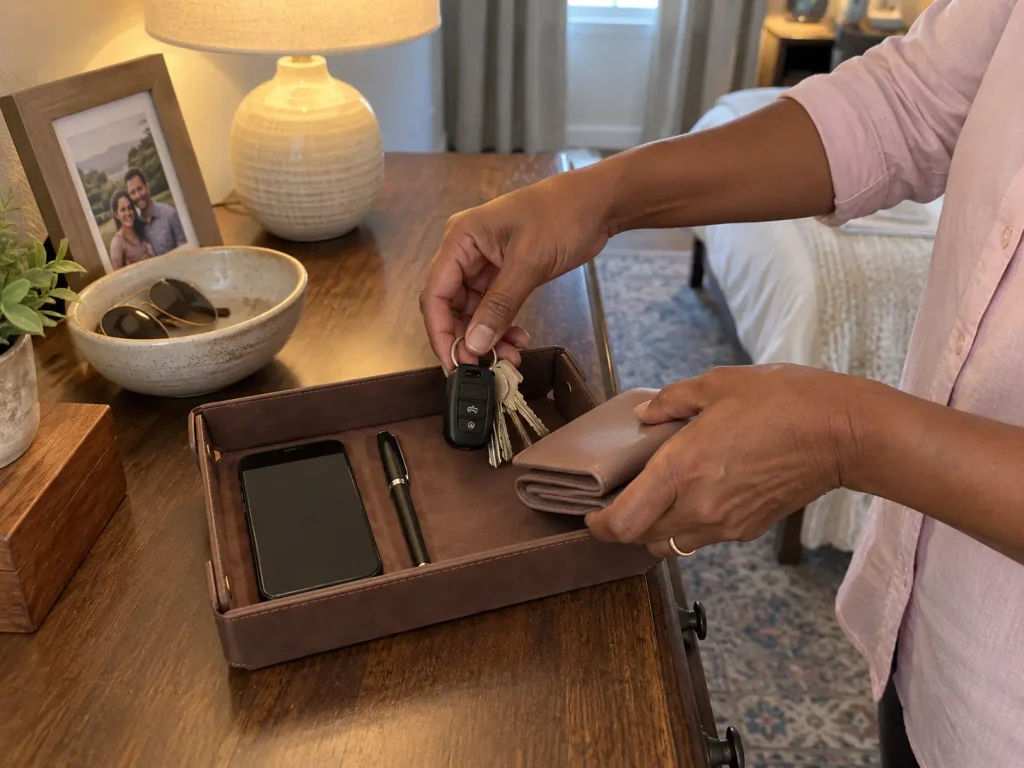Hands setting keys and a wallet into a small valet catchall tray on a bedroom dresser top