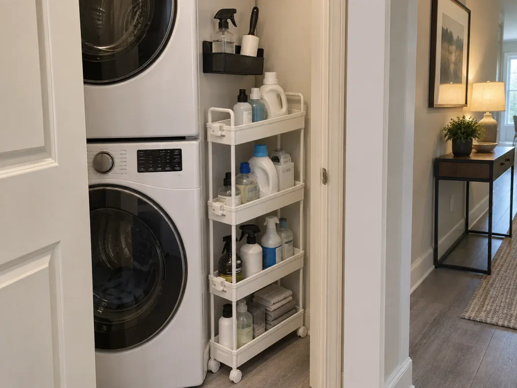 Slim rolling cart and magnetic organizer filling the narrow gap beside a stacked washer and dryer