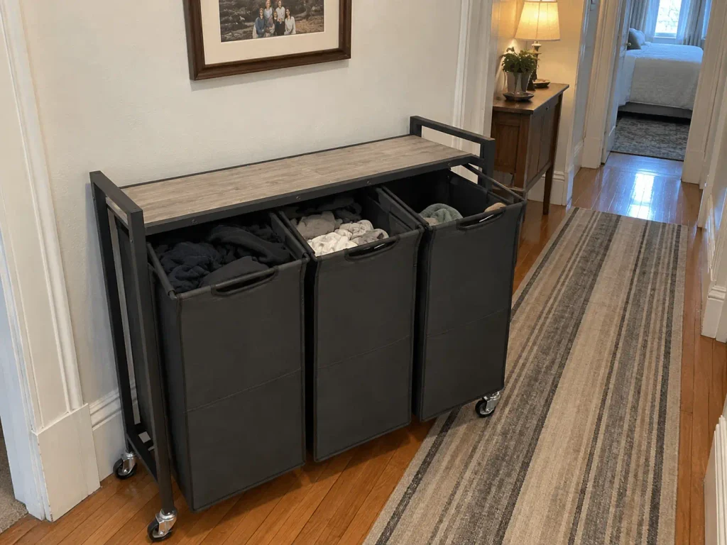 Three-section laundry sorter in a hallway with bags filled to different levels, a family laundry routine in progress