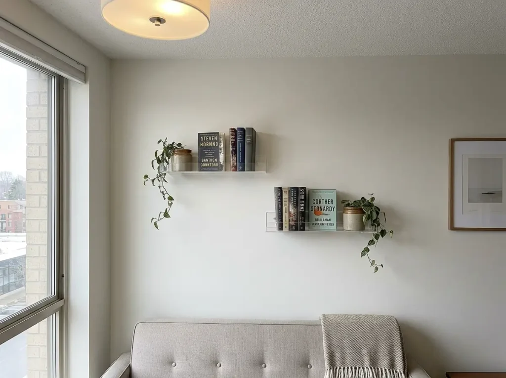 Out of Shelf Space? Organize Books in a Small Apartment 3 Small acrylic wall shelf holding three paperbacks and a plant above a sofa
