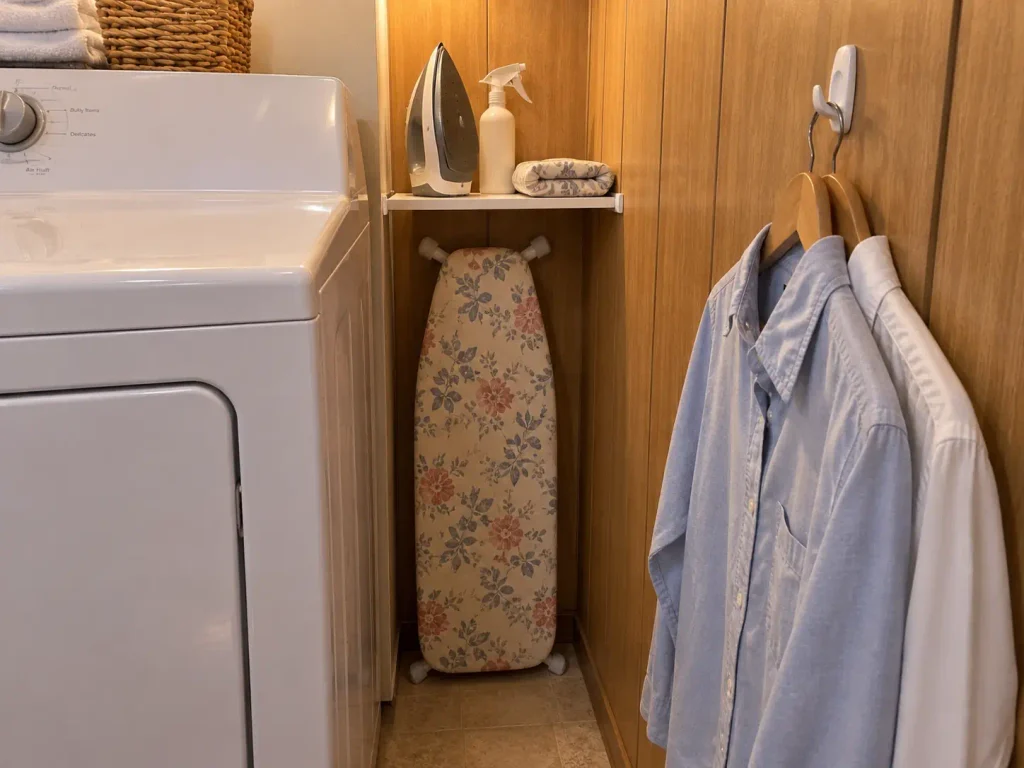 No-drill ironing station in the gap beside a dryer with tension rod shelving holding the iron and supplies