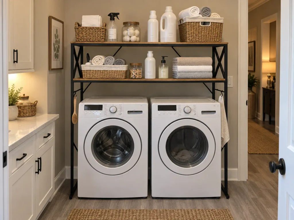 Two-tier over washer and dryer storage shelf holding folded laundry in a new-build laundry room