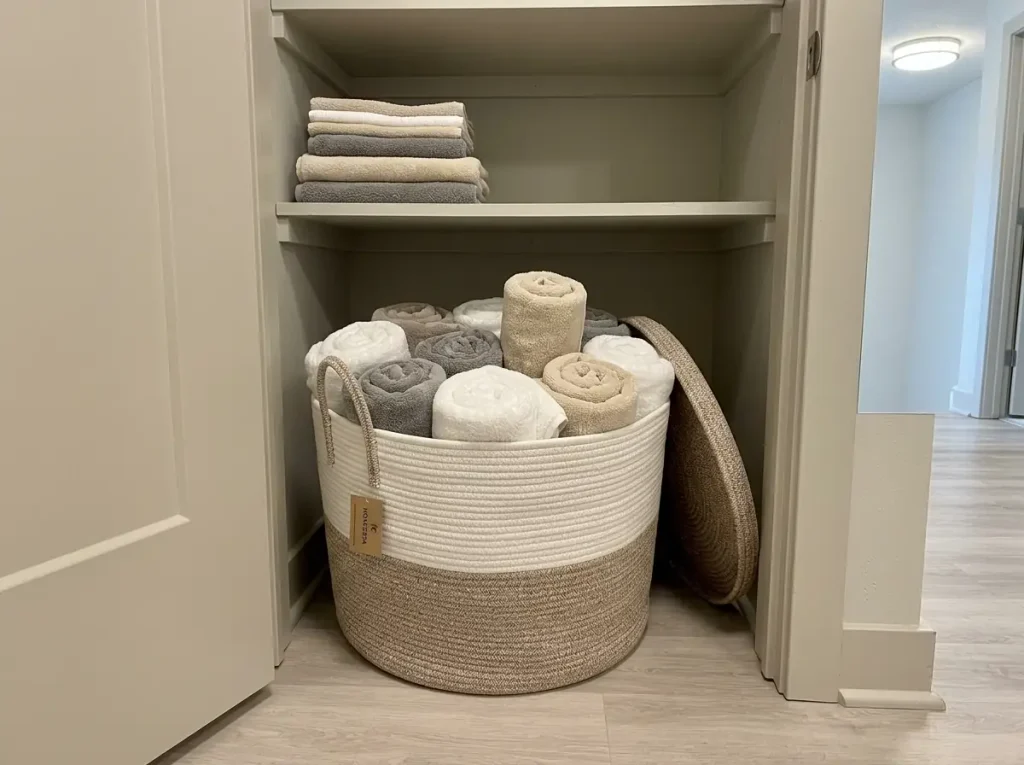 How to Fold Towels for a Linen Closet Without Collapse 4 Rolled bath towels standing upright in a large lidded woven basket on a linen closet shelf