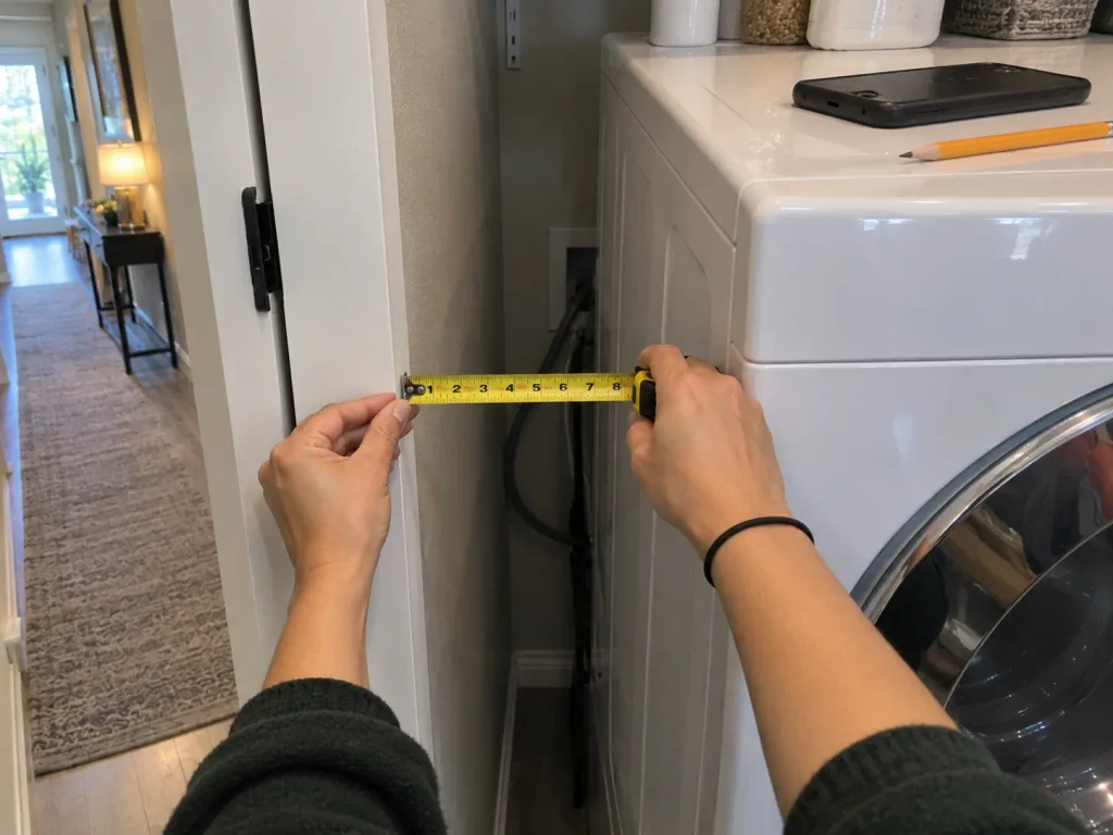 Small Laundry Room Storage for a 29-Inch Closet 2 Hands measuring the narrow gap between a washer and the wall of a small laundry closet with a tape measure
