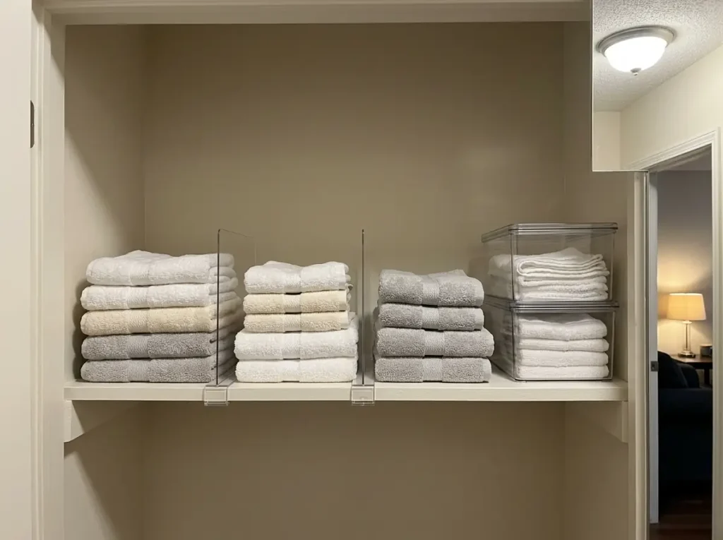 Linen closet shelf with acrylic dividers holding towel stacks upright beside clear stackable bins