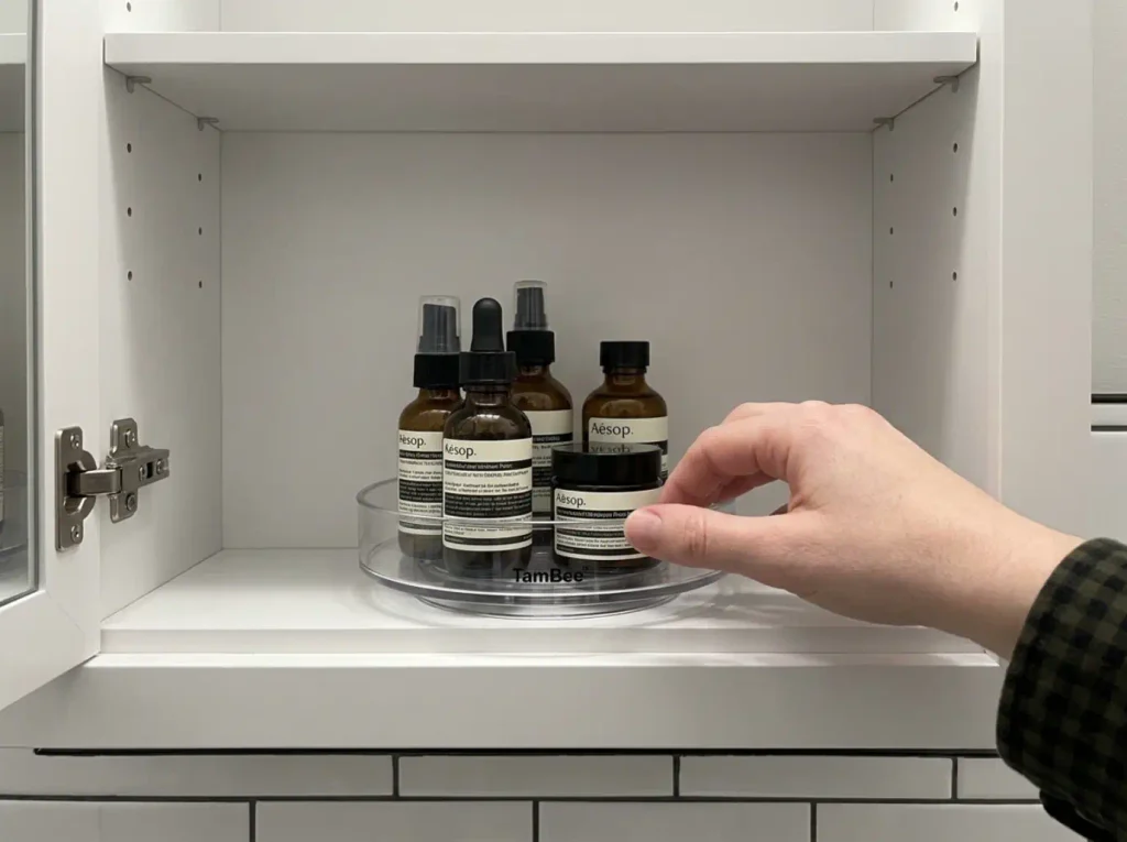 Small acrylic turntable with raised walls holding bottles upright on a shallow medicine cabinet shelf