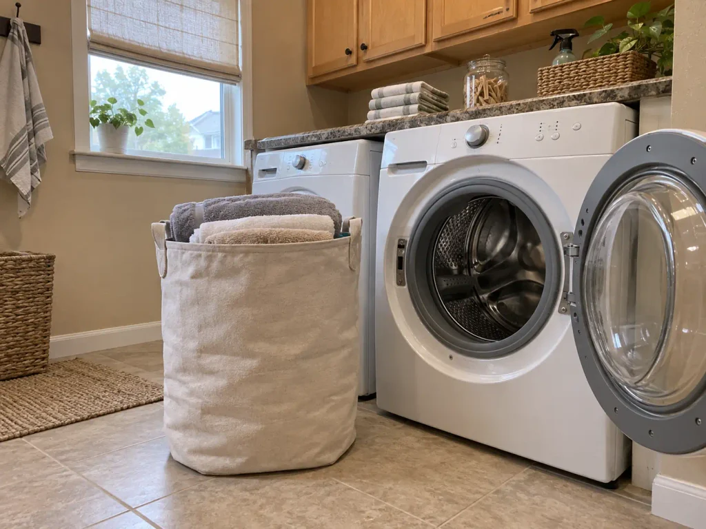 Full canvas sorting bag set beside an open front-load washer drum to compare bag size with one load