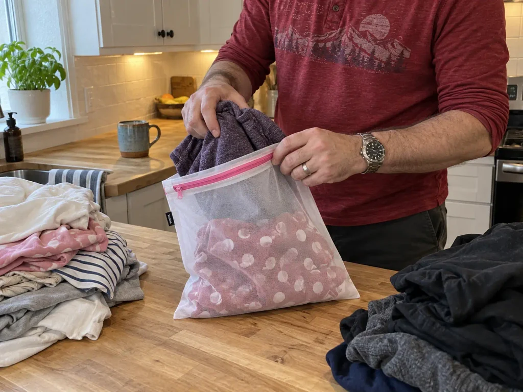 How to Sort Laundry So the Pile Stops Coming Back 2 Hands putting delicates into a mesh laundry wash bag beside sorted lights and darks