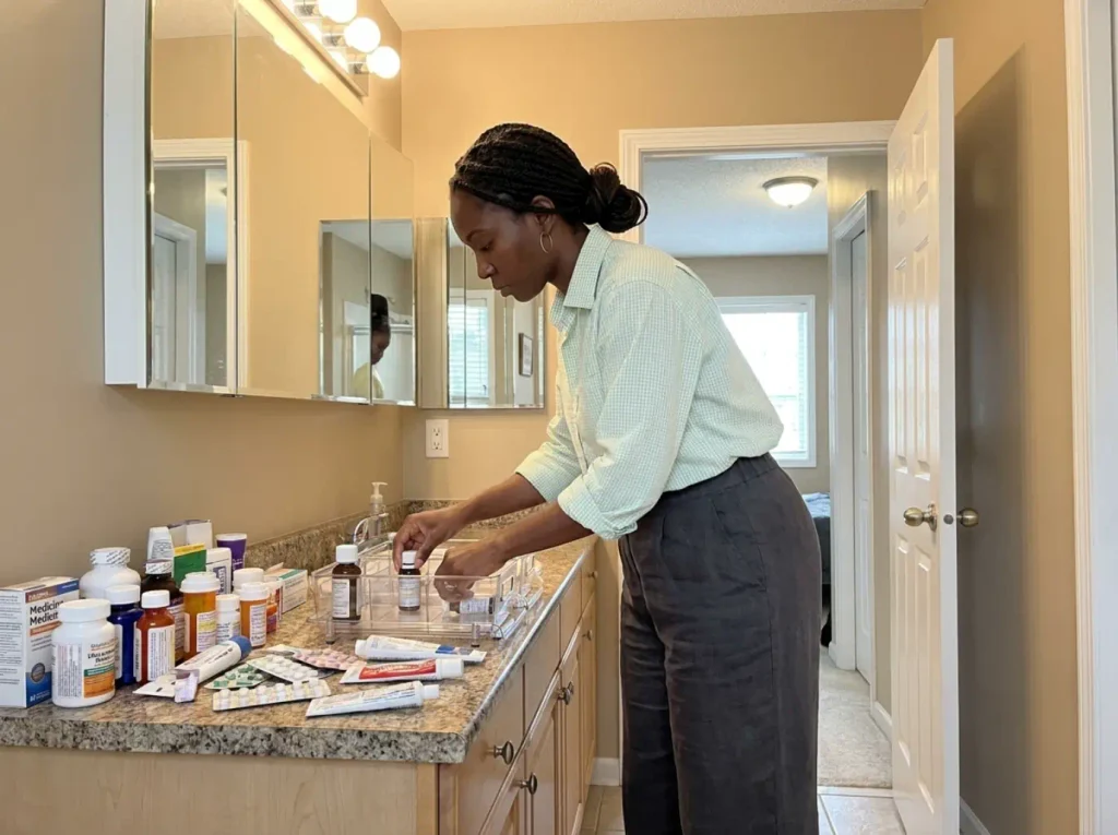 Medicine Cabinet Organization for 3-Inch Shelves 3 Woman sorting medicine into a divided clear acrylic organizer by household member on a bathroom counter