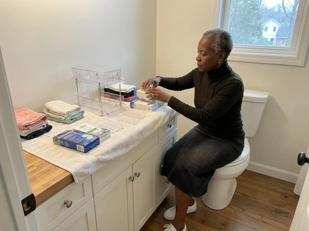 Woman sorting medicine into labeled category piles on a towel, an acrylic divider organizer open beside her