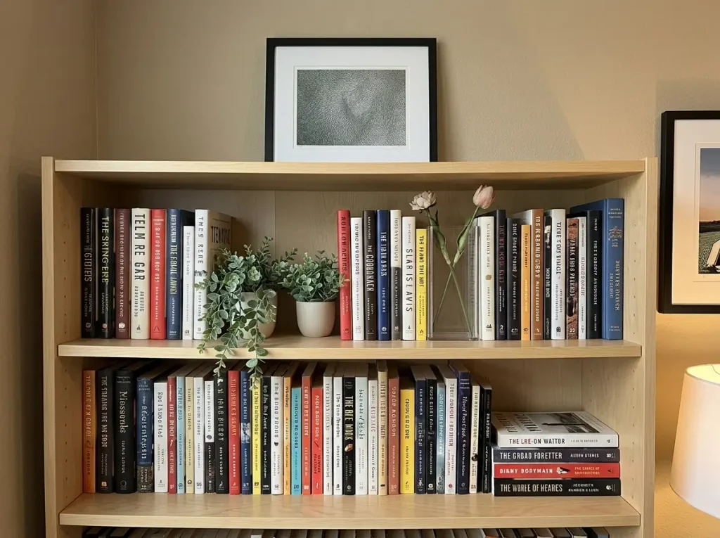 Small faux plants and a clear book-shaped vase tucked into gaps between books on a styled shelf