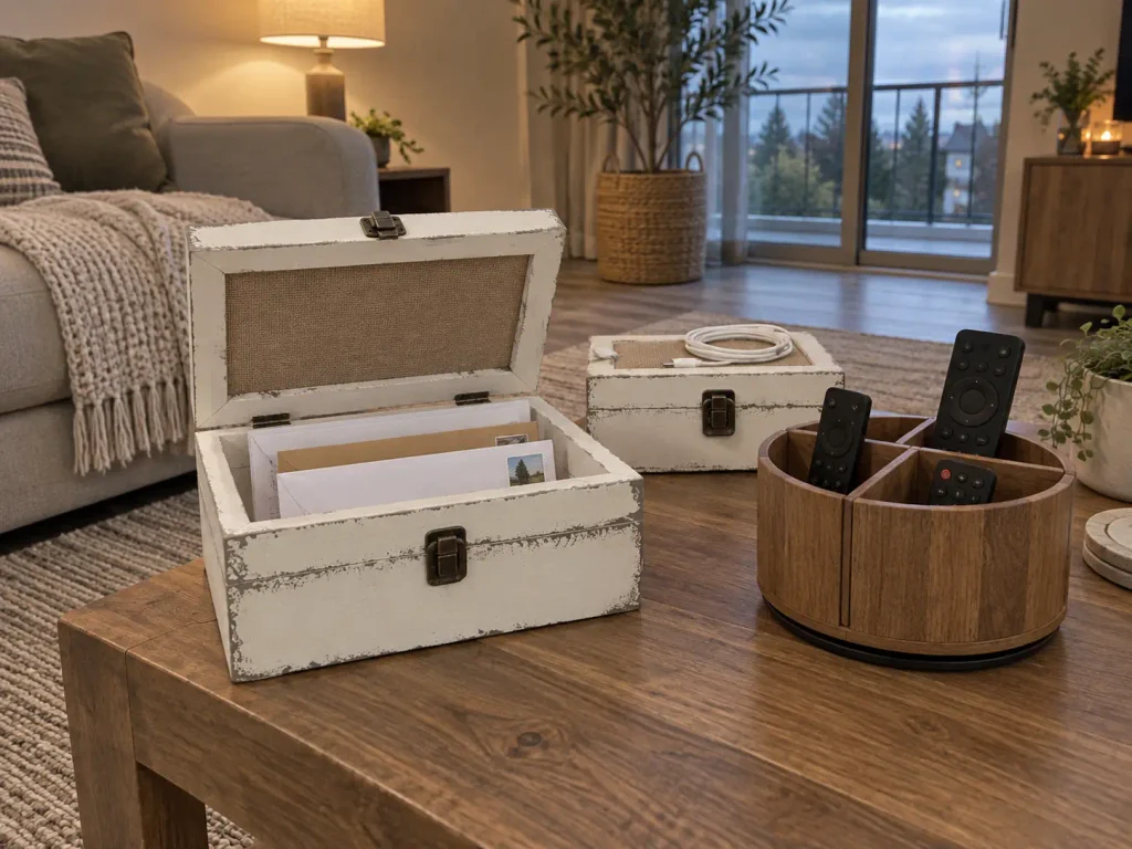 Coffee Table Organization That Survives Real Life 5 White lidded wooden box open on a coffee table with mail inside and a remote caddy beside it