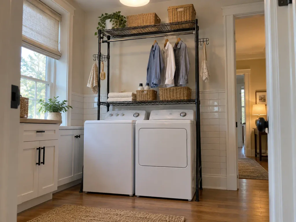 Over Washer and Dryer Storage That Clears the Lid 5 Freestanding two-tier over washer and dryer shelving unit standing on its own legs in a laundry room