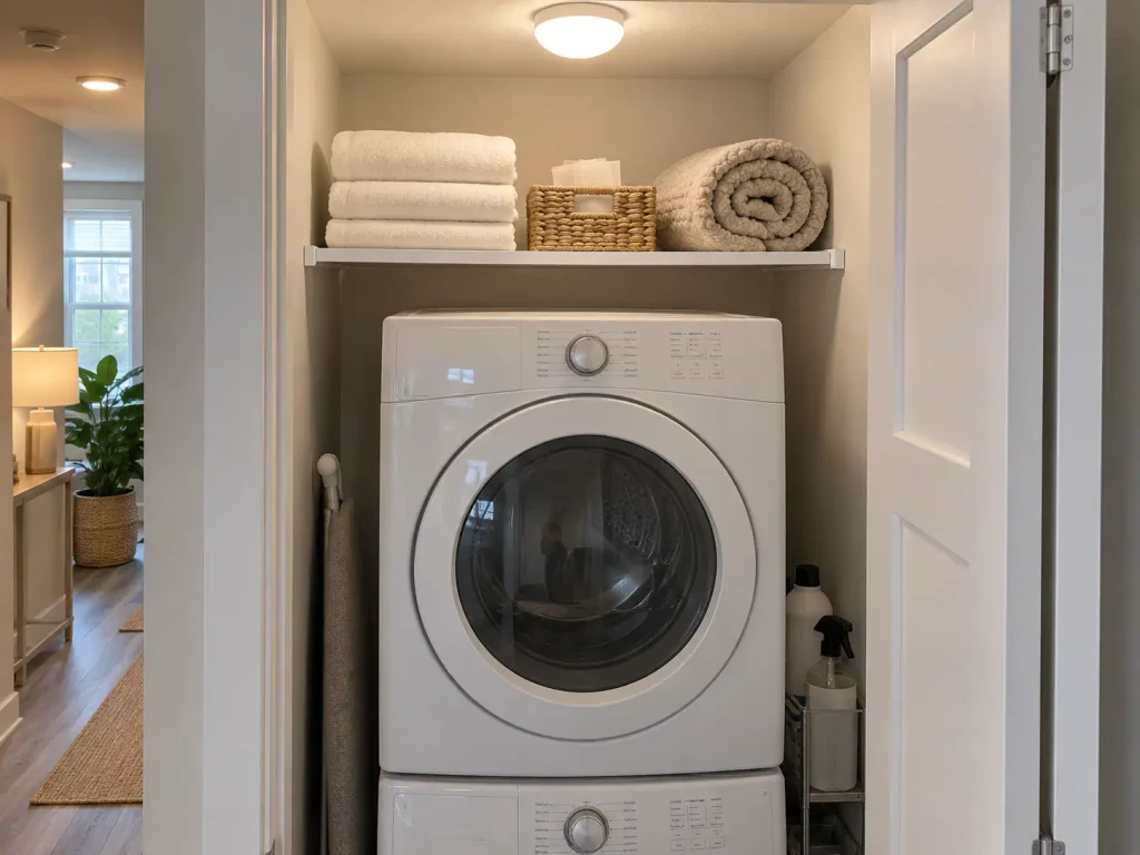 Expandable tension shelf holding folded linens above a stacked dryer in a laundry closet