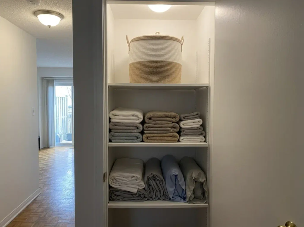 Lidded woven basket holding household backstock on the top shelf of a linen closet