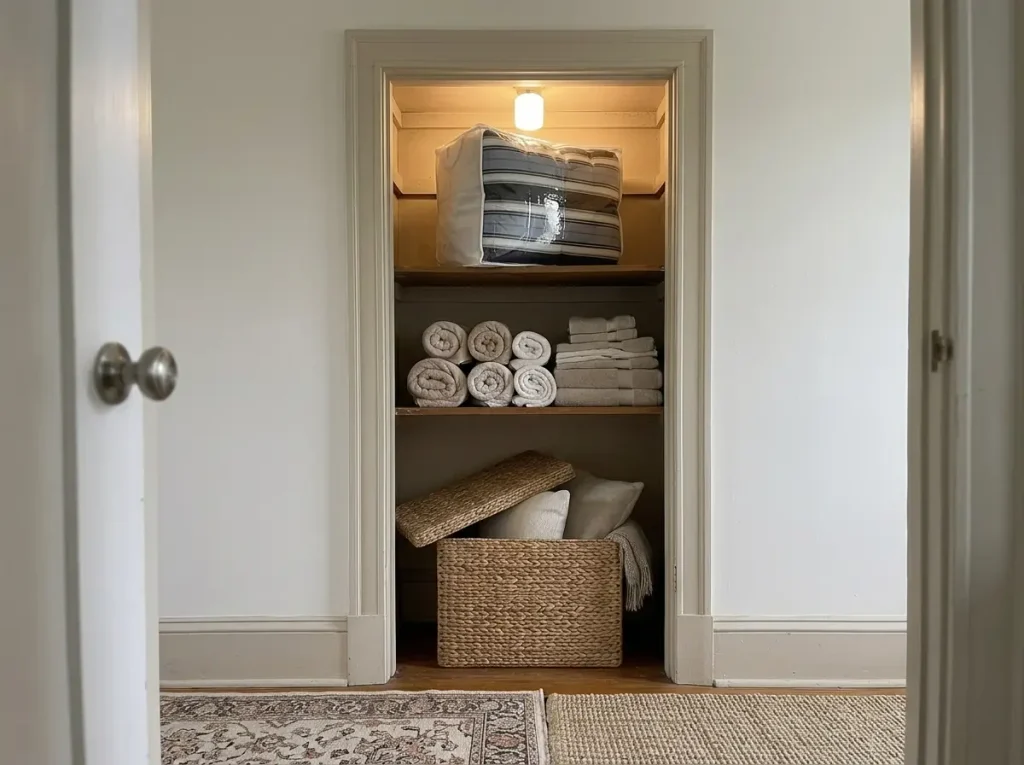 Zippered storage bag on the top shelf of a linen closet with a woven lidded basket on the floor below