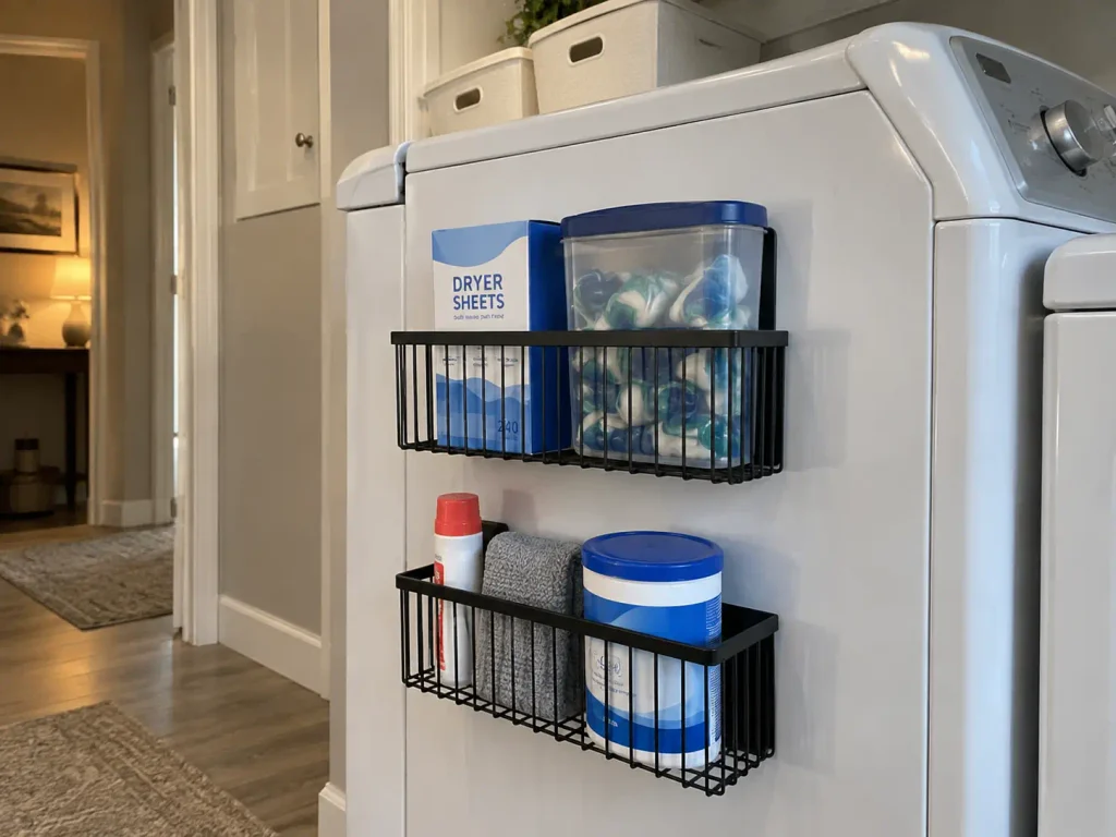 Magnetic laundry organizer shelf mounted on the steel side of a dryer holding detergent pods and dryer sheets
