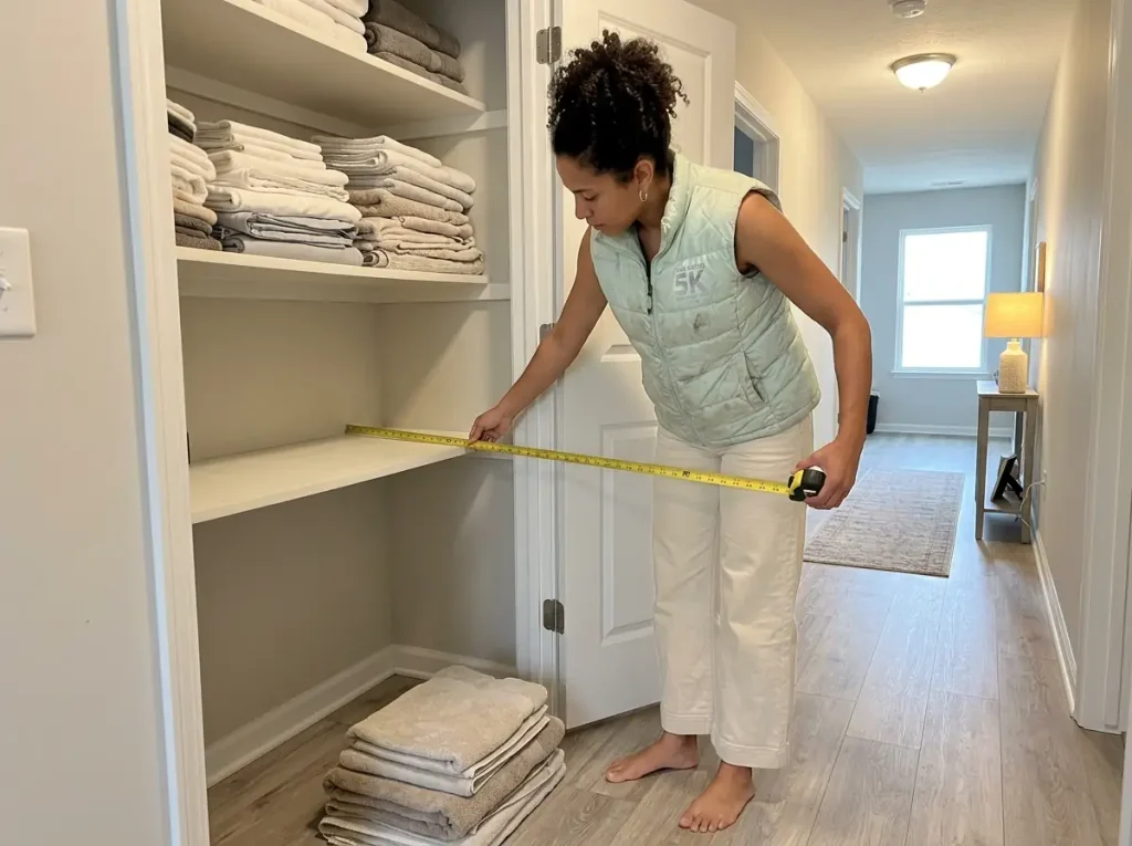 How to Fold Towels for a Linen Closet Without Collapse 5 Woman measuring the depth of a linen closet shelf with a tape measure in a small starter home