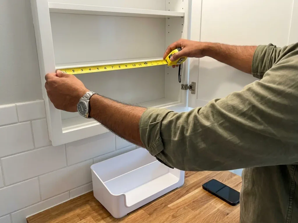 Tape measure pulled across the usable depth of an empty medicine cabinet shelf, organizer waiting on the counter