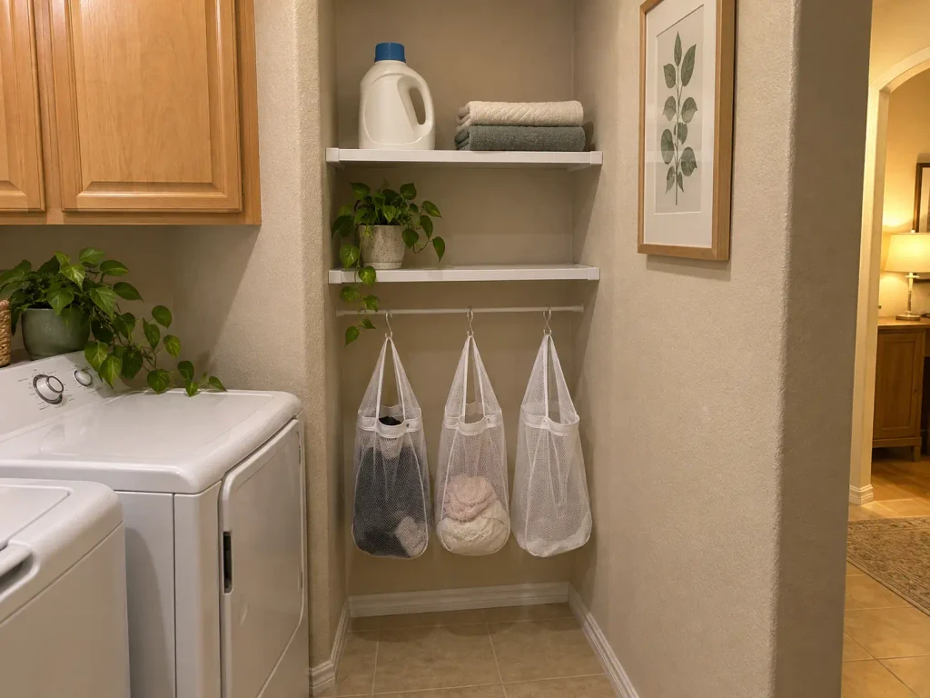 No-drill tension rod shelving in a laundry alcove with three mesh sorting bags hanging from S-hooks