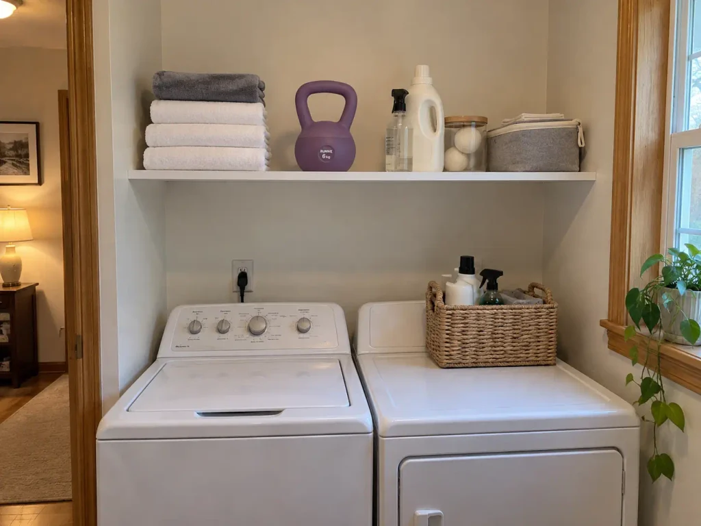 Tension rod shelving holding folded laundry above a washer as a no-drill laundry room storage solution
