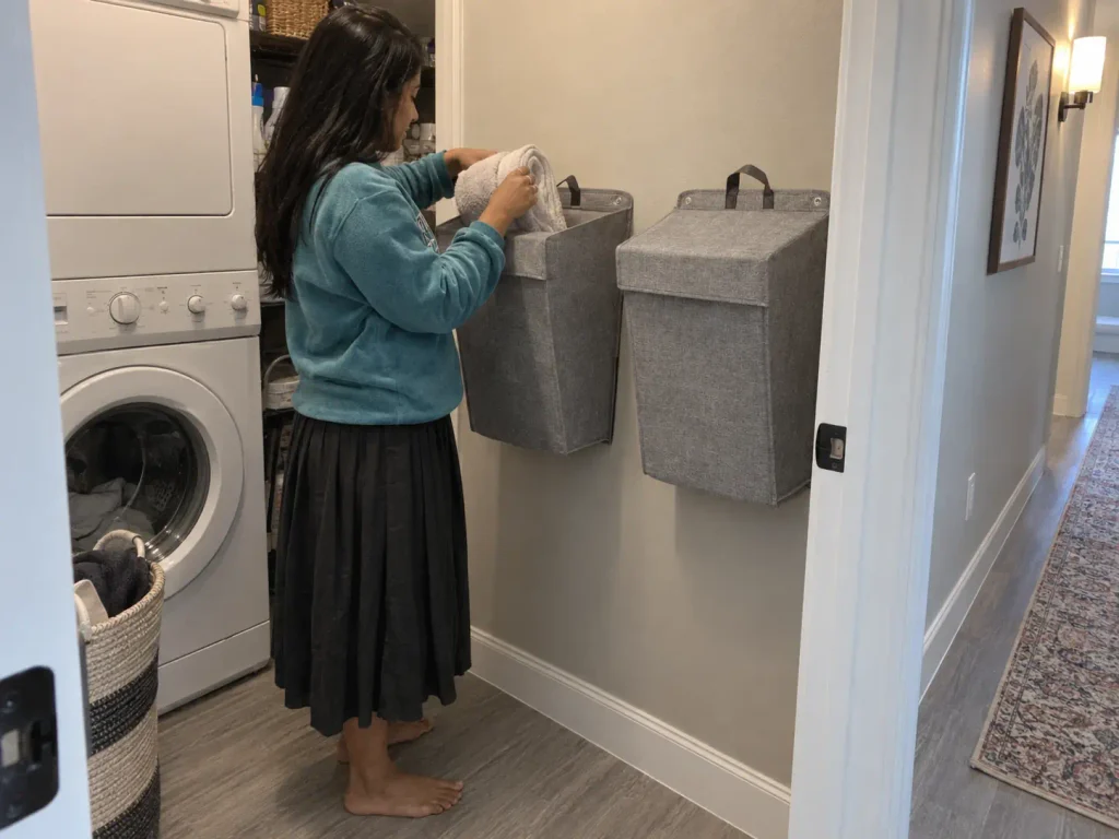 Woman dropping laundry into a wall hanging basket beside a stacked washer dryer in a rental laundry closet