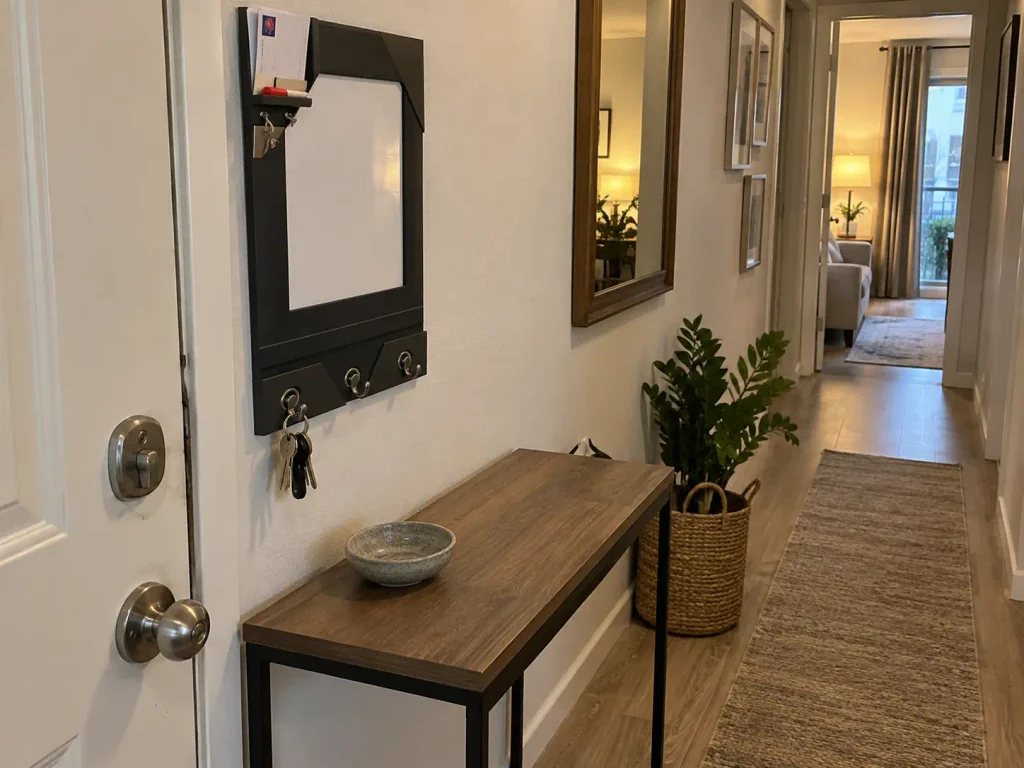 Wall-mounted message center holding mail and keys beside an apartment door, the console below left clear