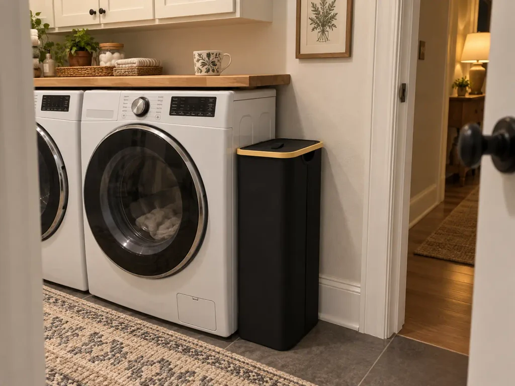 How to Sort Laundry So the Pile Stops Coming Back 3 Slim lidded laundry hamper standing in the narrow gap beside a washer and dryer