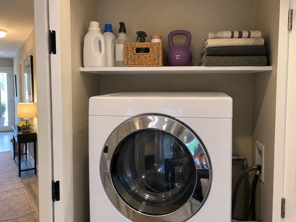 Small Laundry Room Storage for a 29-Inch Closet 3 No-drill tension rod shelving holding laundry supplies above a stacked washer and dryer in a small closet