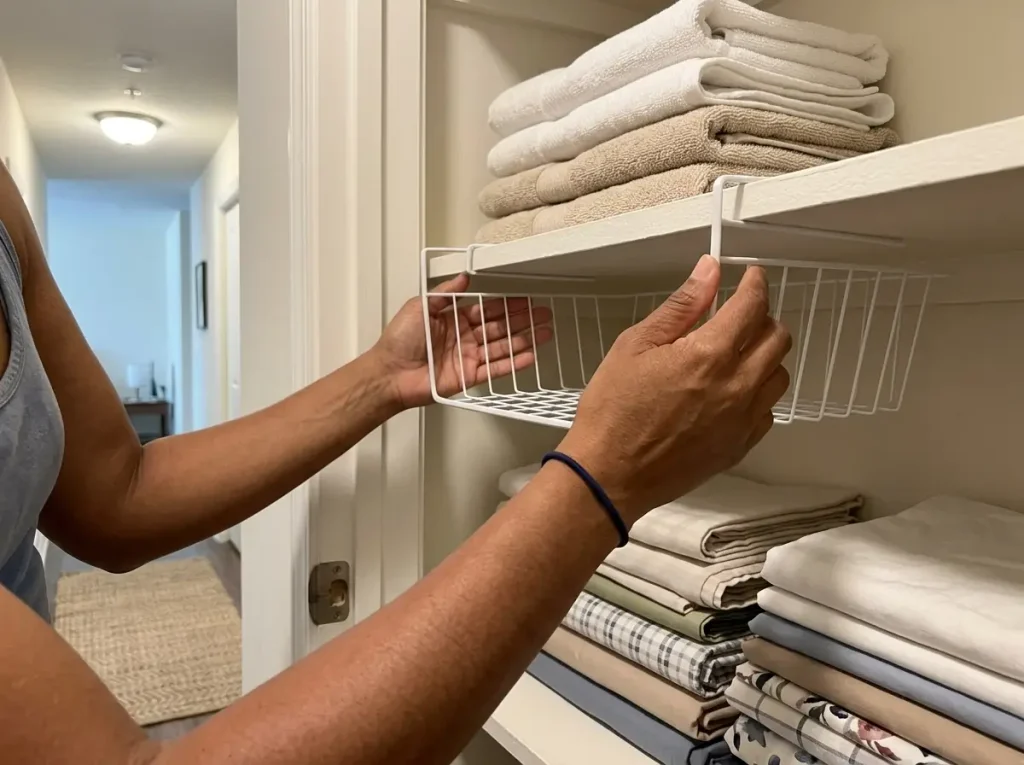 Hands sliding a white under-shelf basket onto a linen closet shelf to reclaim unused space underneath