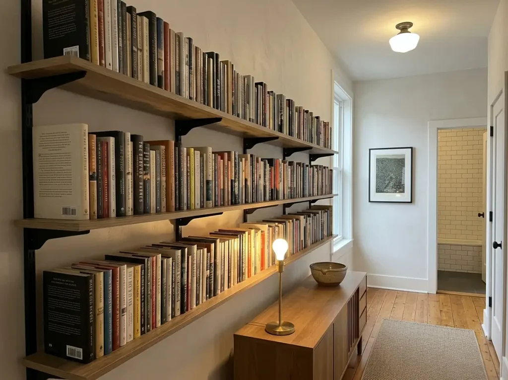 Best Bookshelves for Small Spaces That Won't Sag 11 Long wall bookshelf holding a full run of hardcovers with a dead-straight shelf line in a small living room
