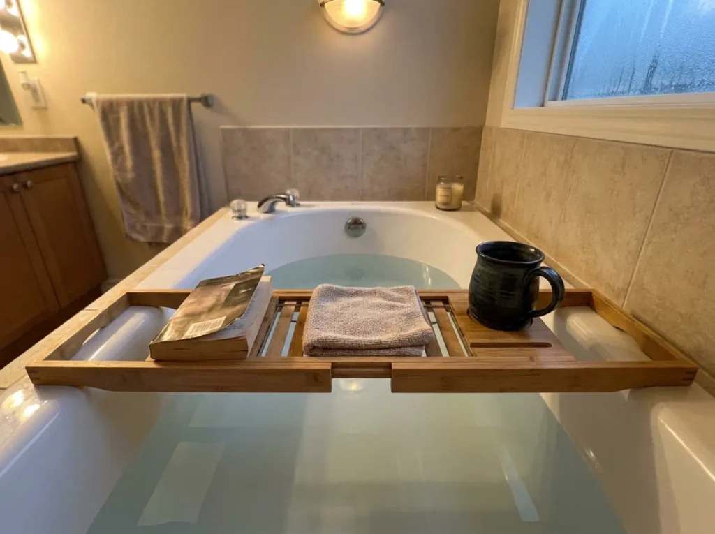 Bathtub caddy in use with a book and mug set over the tray feet rather than the middle